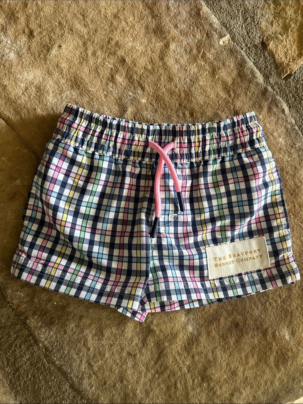 The Beaufort Bonnet Company Navy Plaid Swim Shorts with Pink Drawstring